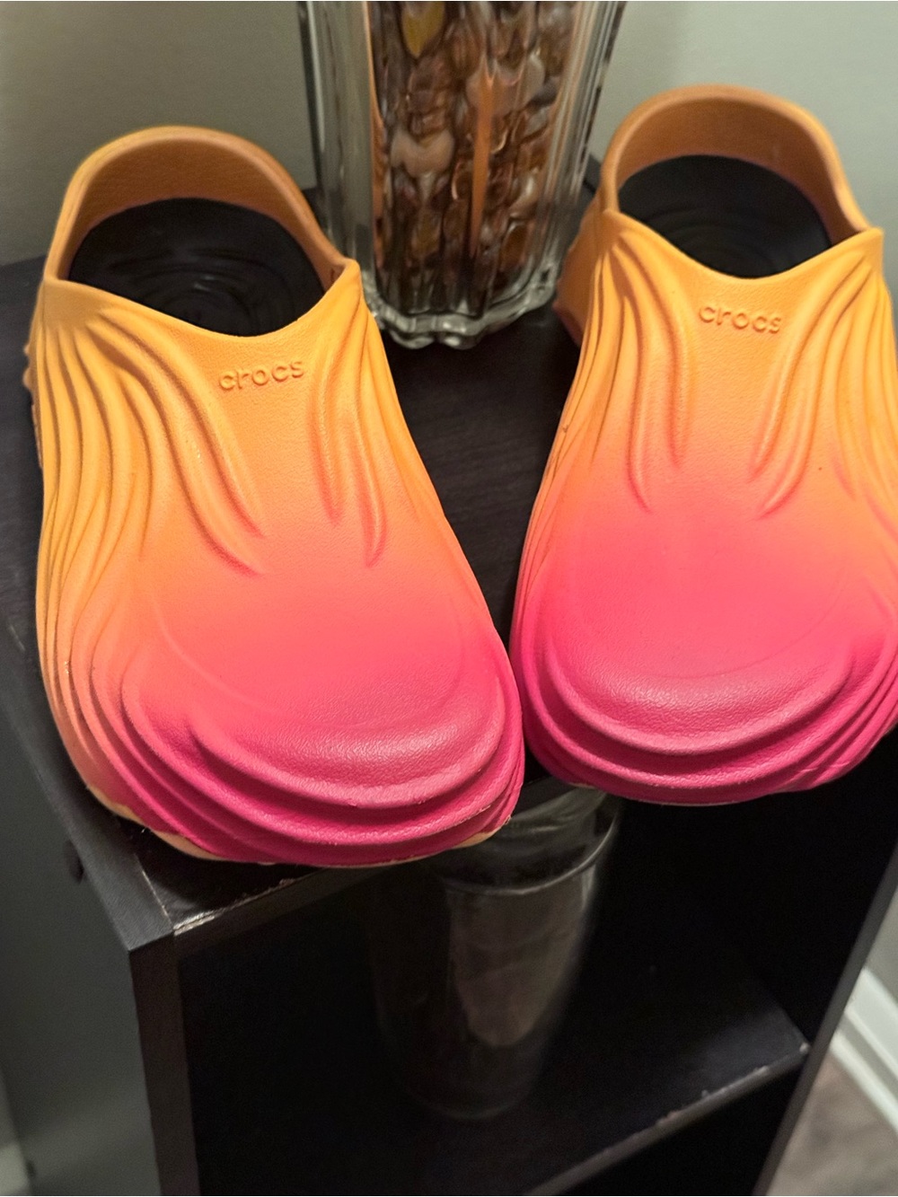 CROCS Gradient LiteRide Mules in Orange to Pink Ombre
